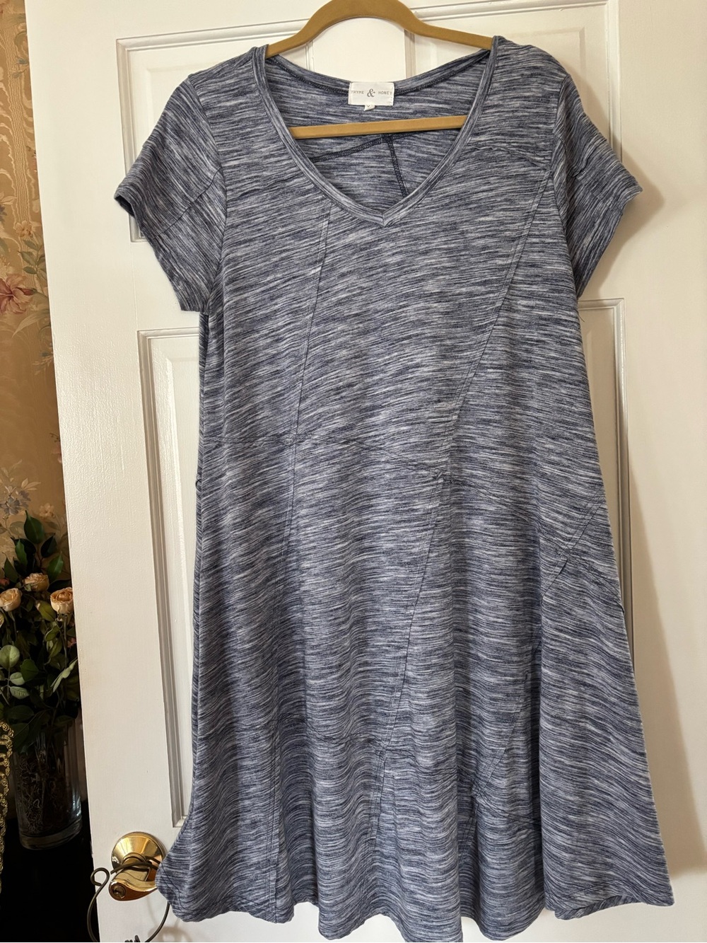 Heathered V-Neck A-Line Midi Dress - Blue